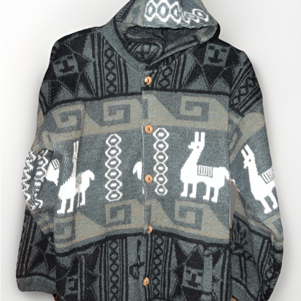 Hooded Alpaca Pattern Button-Up Cardigan Sweater - Gray & Cream